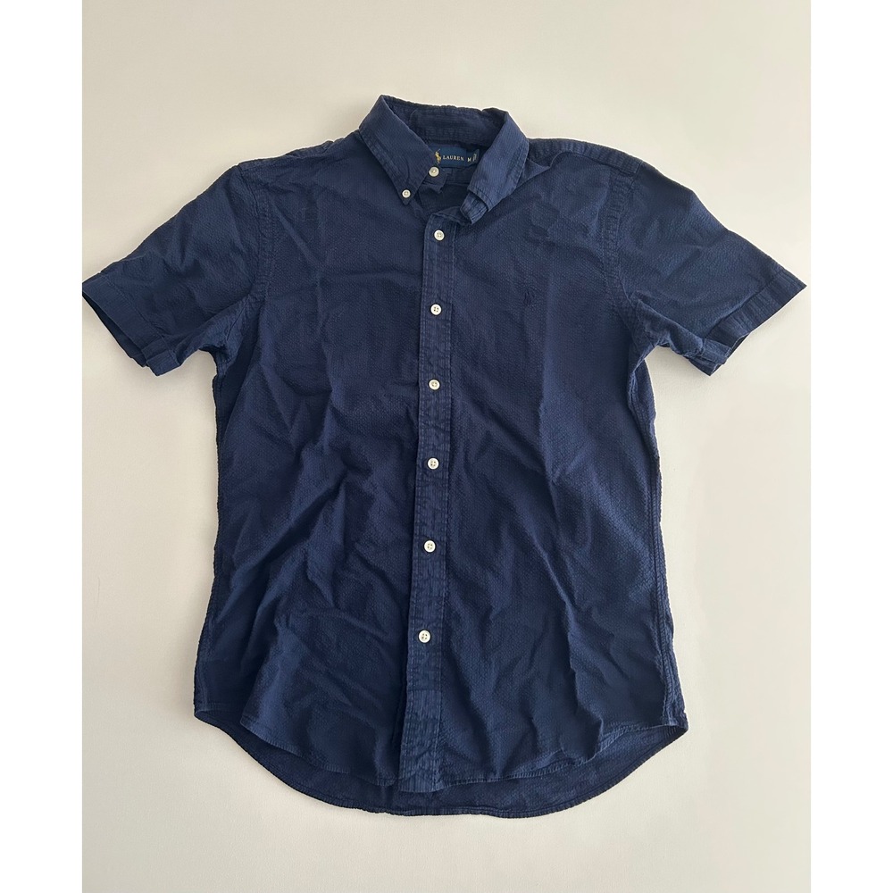 Ralph Lauren Short‑Sleeve Textured Dot Button‑Down Shirt‎ – Navy – Men's Medium